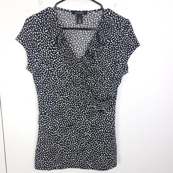 Whbm Top Womens Small Ruffle Front V Neck Short Sleeve Fitted Polka Dots - Picture 1 of 11